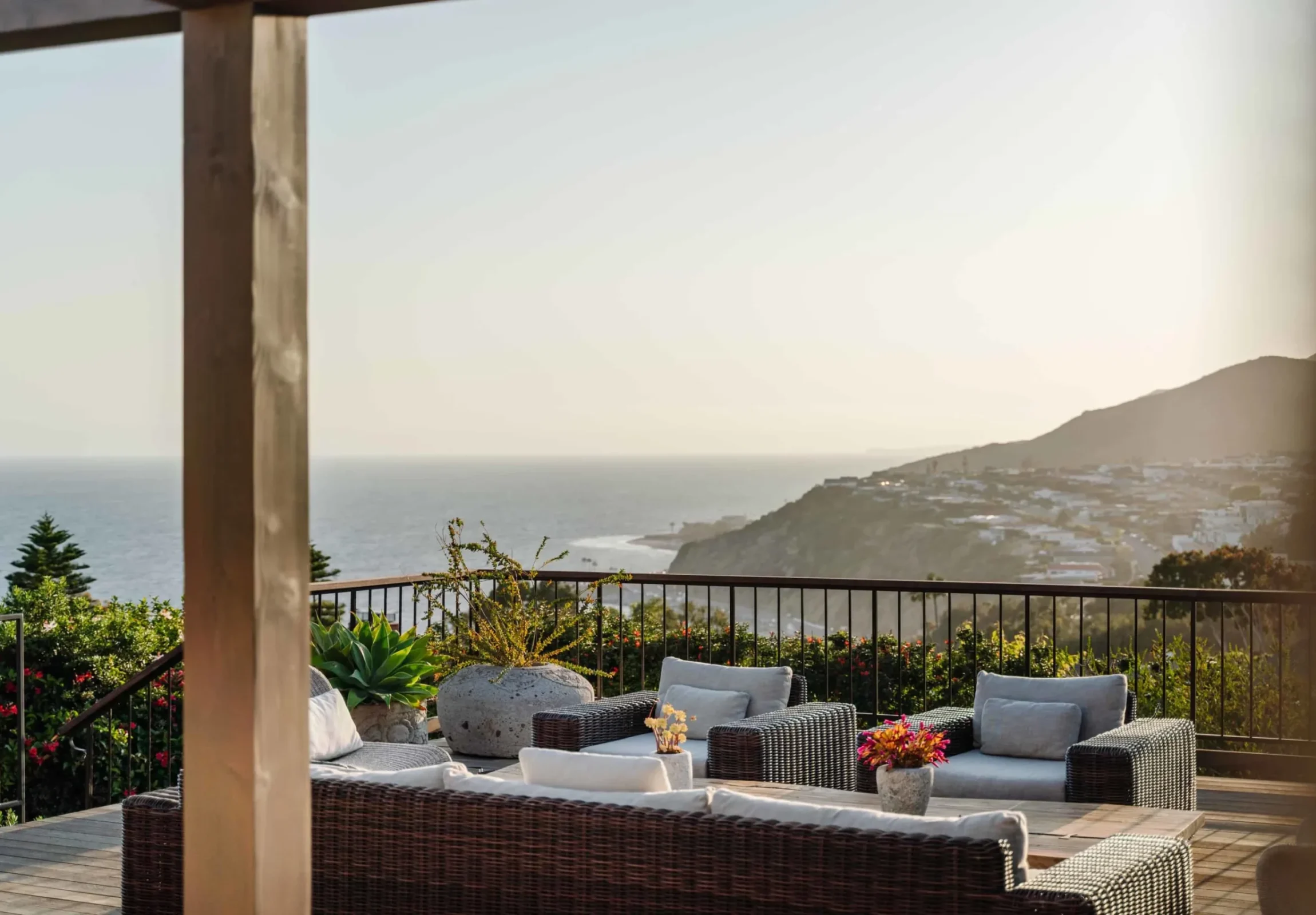 Ocean-view deck and patio at golden hour